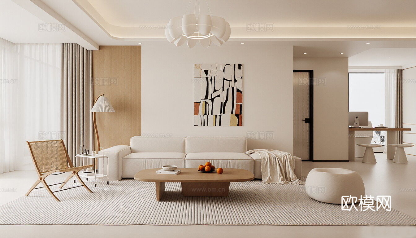 现代奶油风家居客厅 沙发组合 单人椅 休闲椅 花瓶 摆件3d模型下载