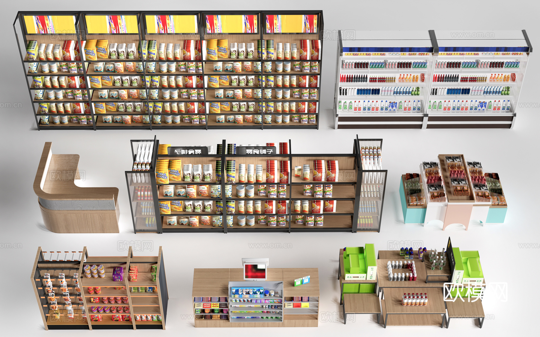 现代超市货架 零食店货架 置物架 文创展架su模型下载（渲染图1）