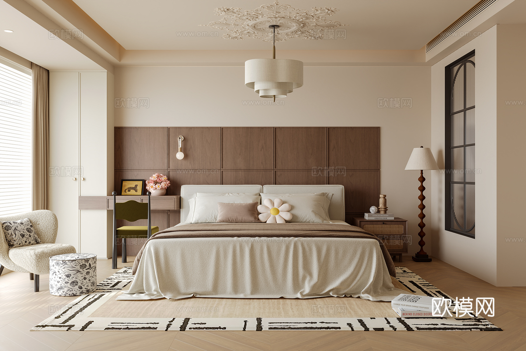 美式中古风卧室su模型下载（渲染图1）