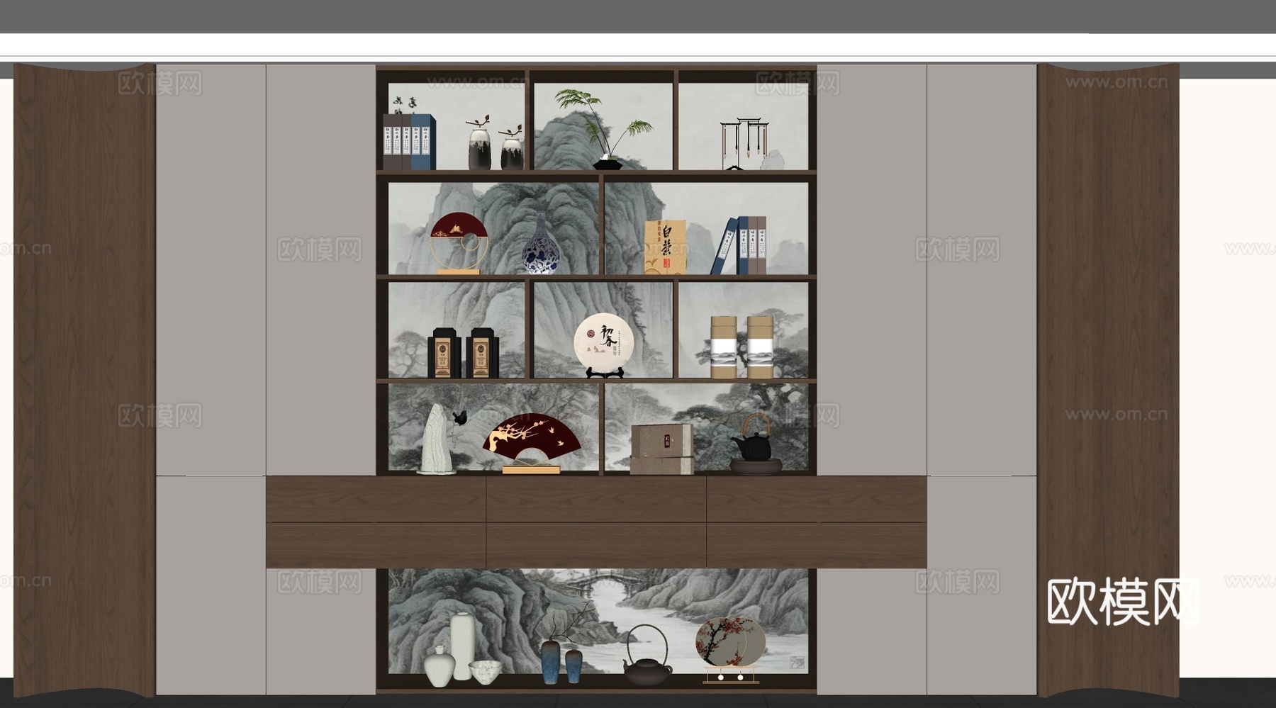 新中式茶馆 储物柜书柜 背景柜 书籍摆件组合 装饰柜su模型