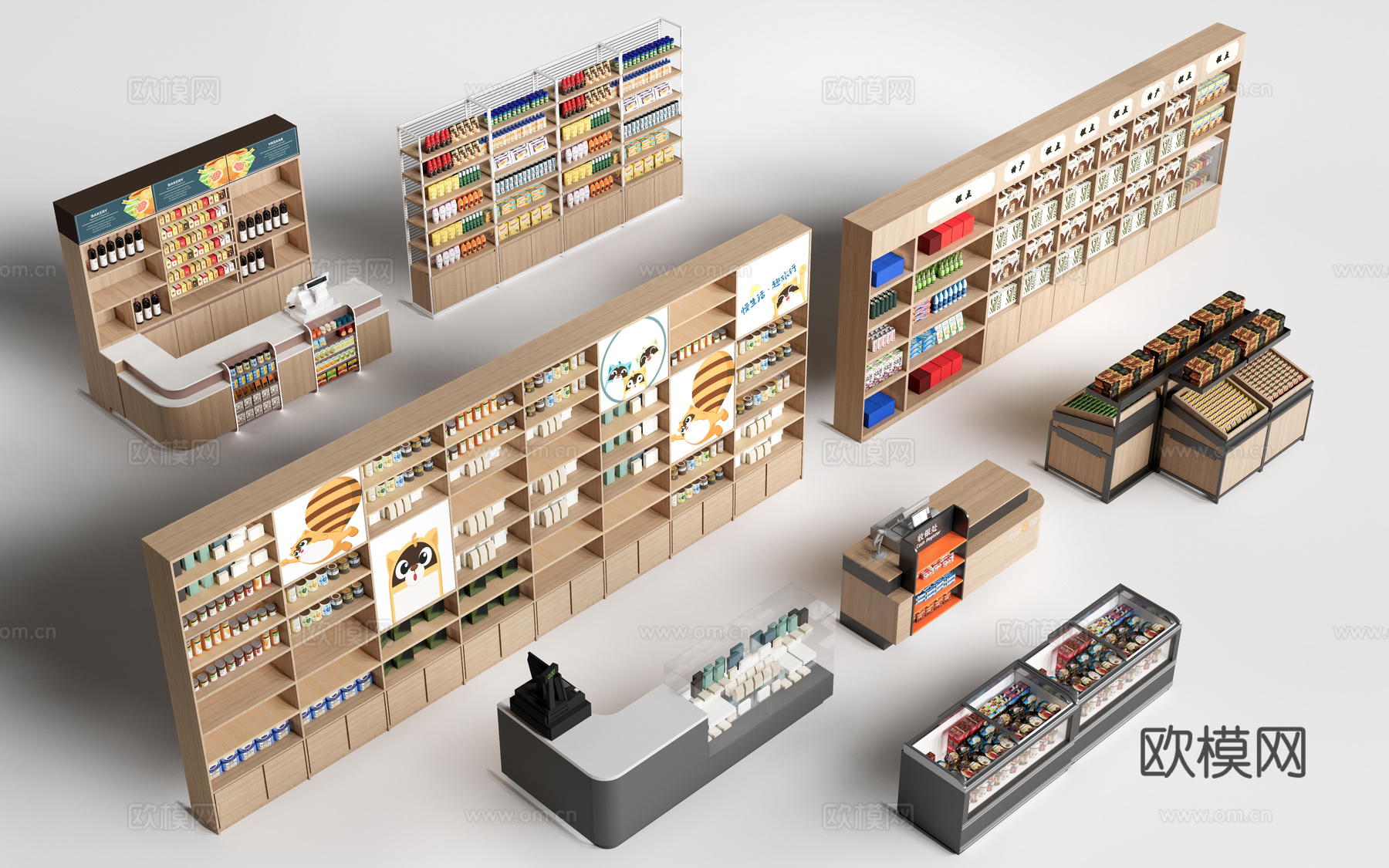 现代超市货架 零食店货架 置物架 文创展架su模型下载（渲染图1）