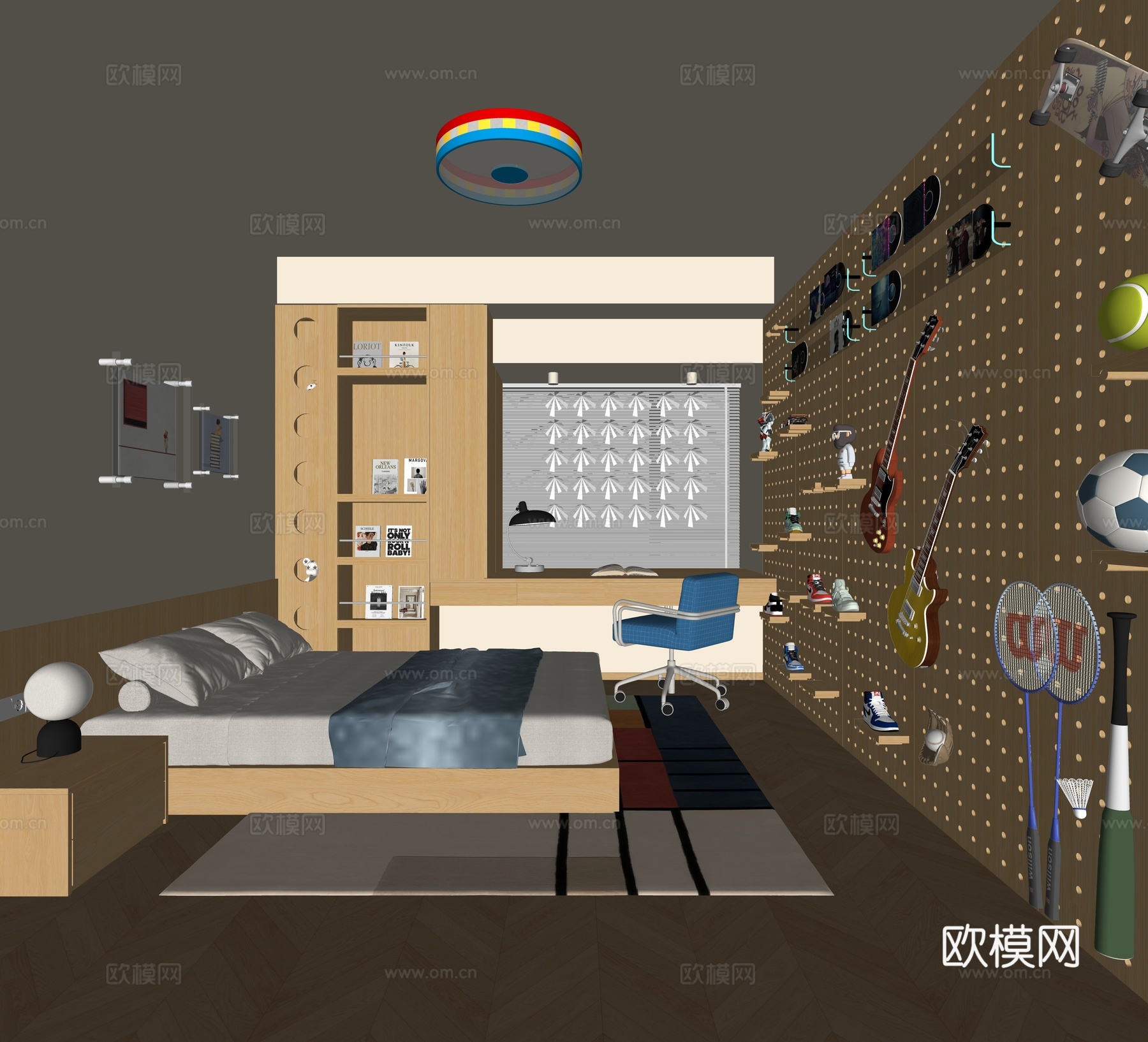 现代男孩儿童房 现代男孩房 书桌椅 书椅 床头柜 吸顶灯su模型下载（渲染图2）