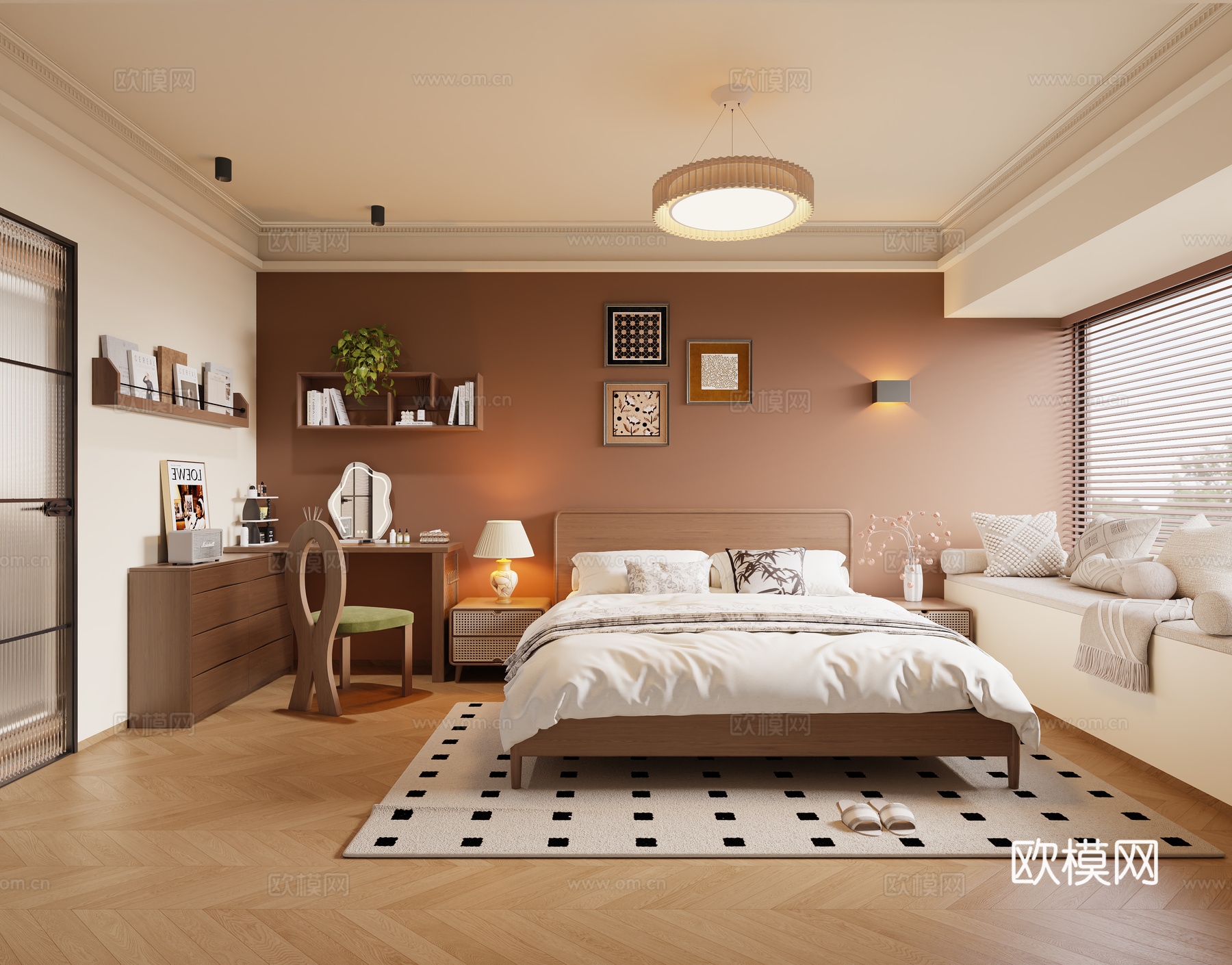 中古风卧室 主卧室 实木双人床 床头柜 实木梳妆台 斗柜 边su模型下载（渲染图1）