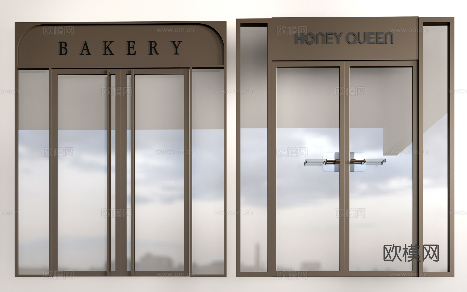 现代店铺玻璃门 咖啡厅门 奶茶店玻璃门 玻璃双开门su模型下载（渲染图1）