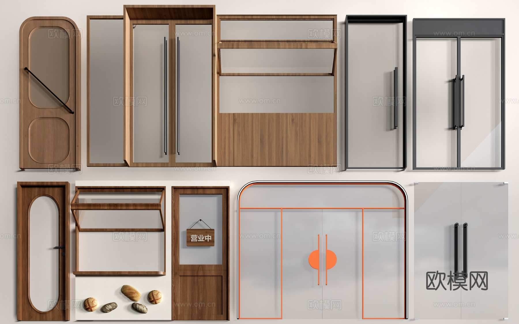 现代店铺玻璃门 咖啡厅门 奶茶店玻璃门 玻璃双开门su模型下载（渲染图1）