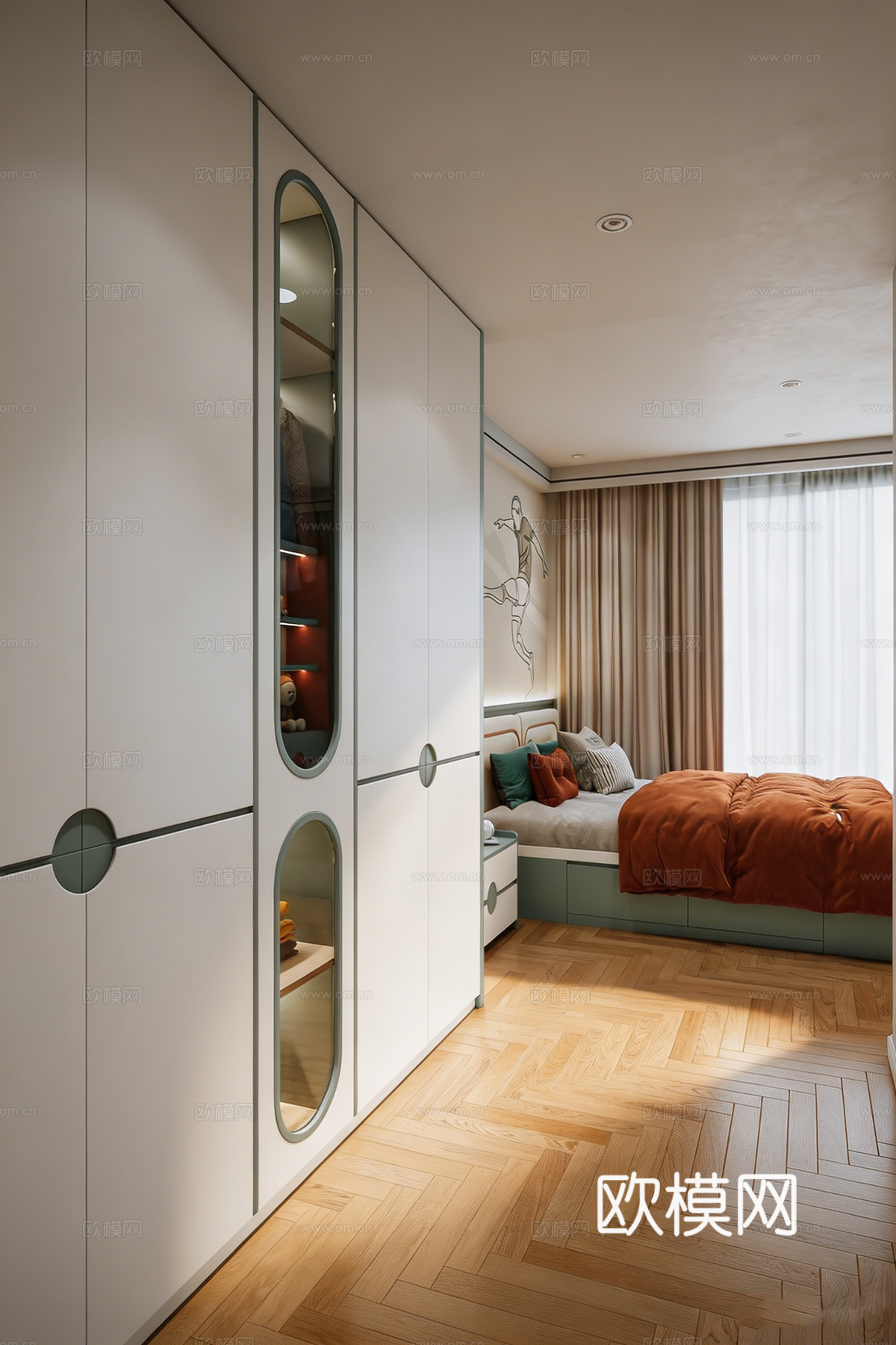 现代创意色彩儿童房 特色衣柜 置物架洞洞板 玻璃视窗儿童衣柜3d模型