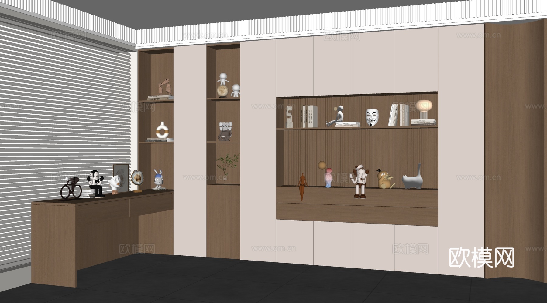 现代书柜书桌组合 储物柜 背景柜 书籍摆件组合 装饰柜su模型