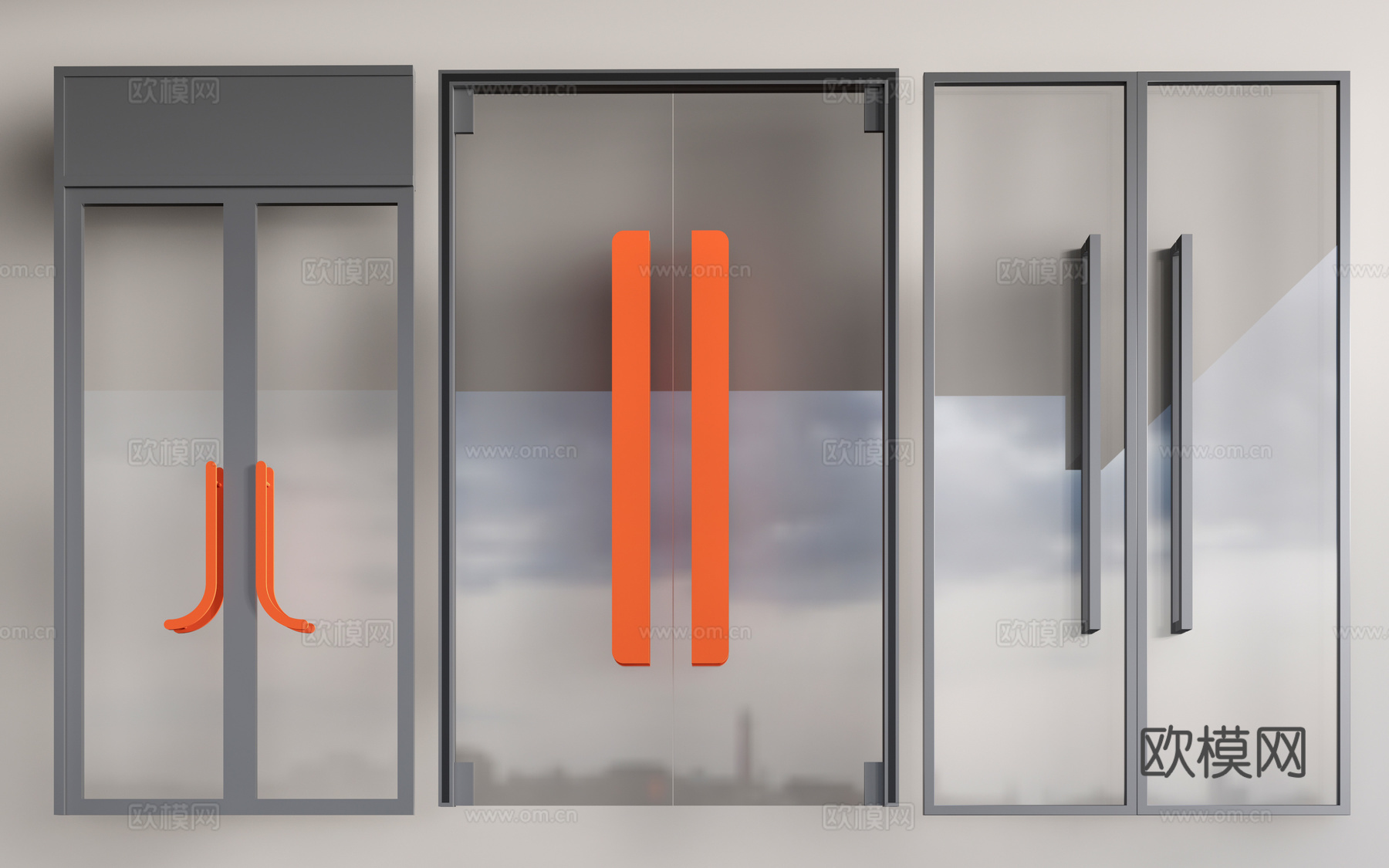 现代店铺玻璃门 咖啡厅门 奶茶店玻璃门 玻璃双开门su模型下载（渲染图1）