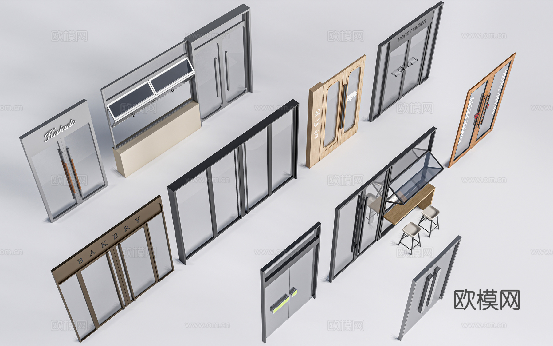现代店铺玻璃门 咖啡厅门 奶茶店玻璃门 玻璃双开门su模型下载（渲染图1）