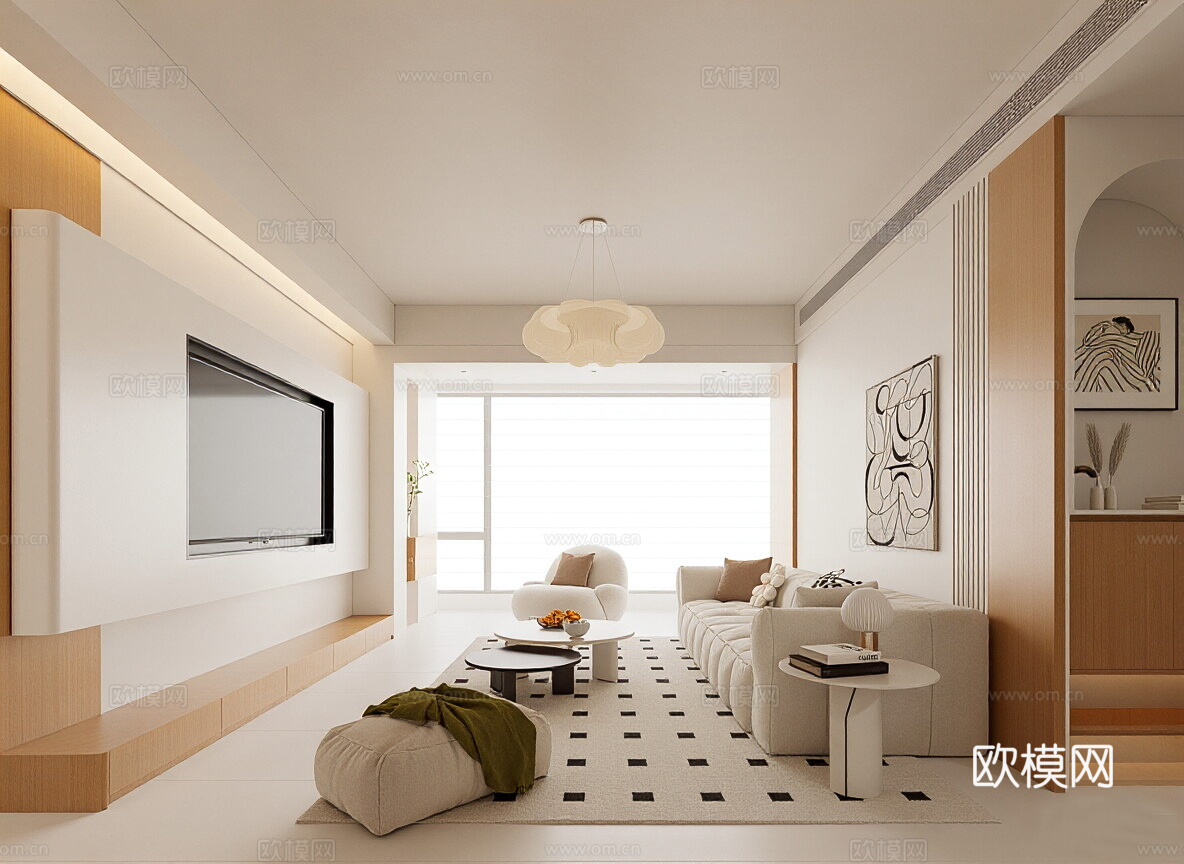 现代奶油风家居客厅 沙发组合 单人椅 休闲椅 花瓶 摆件3d模型下载