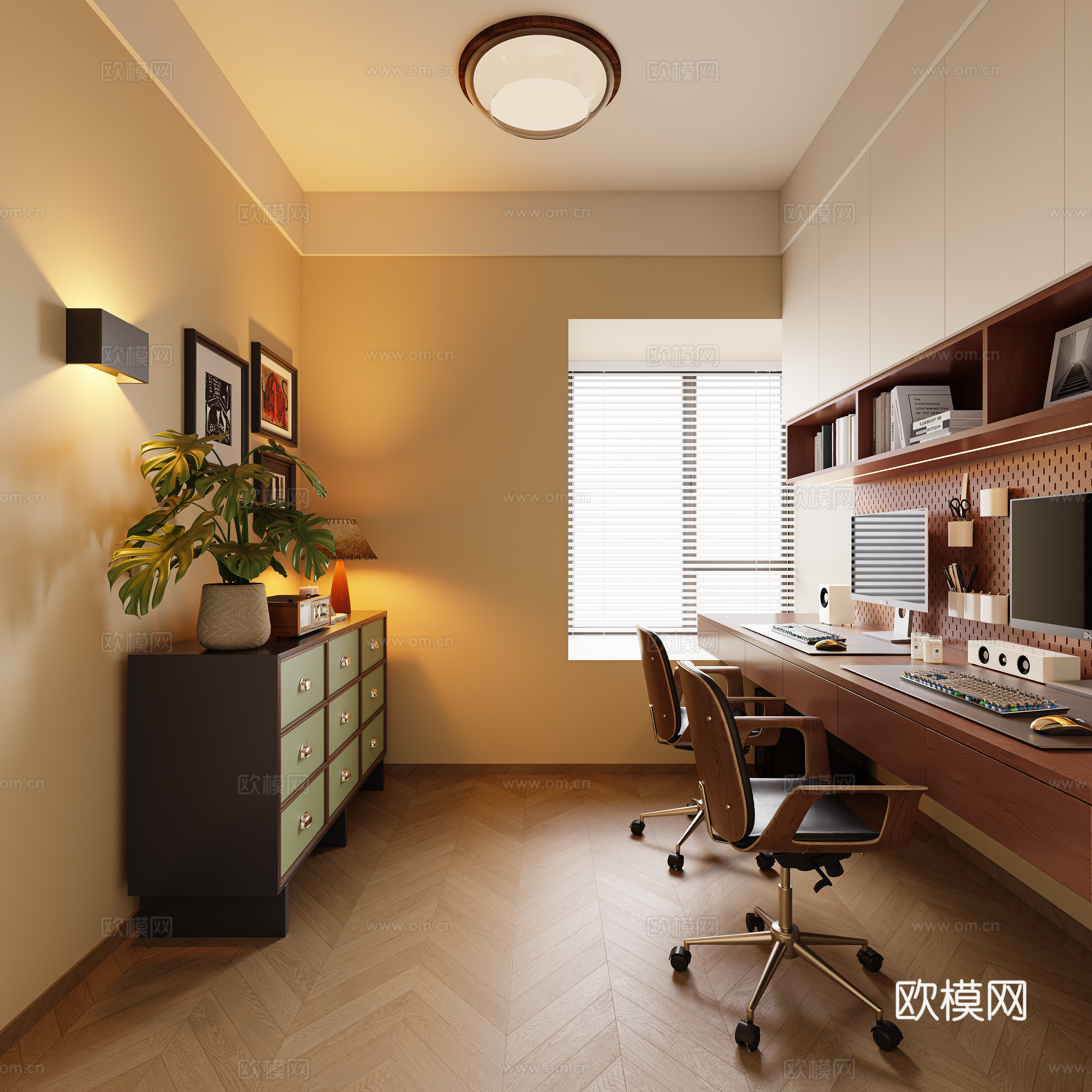 中古风书房 中古风斗柜 玄关柜  吸顶灯 电脑桌椅组合 台灯su模型下载（渲染图1）