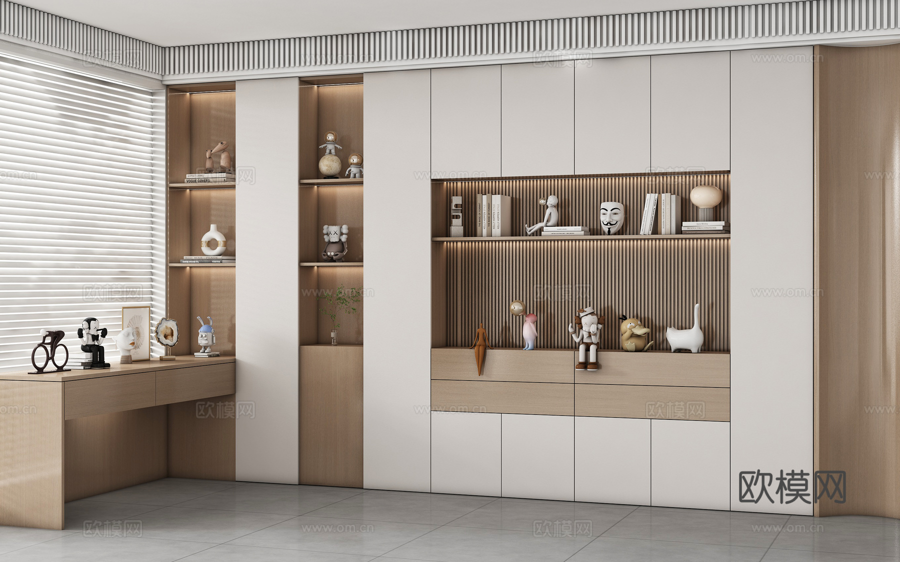 现代书柜书桌组合 储物柜 背景柜 书籍摆件组合 装饰柜su模型