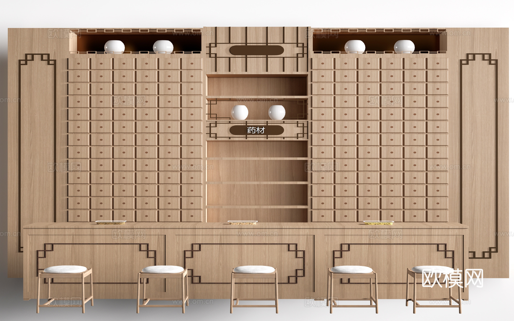 新中式中药柜 中药房储物柜su模型下载（渲染图1）