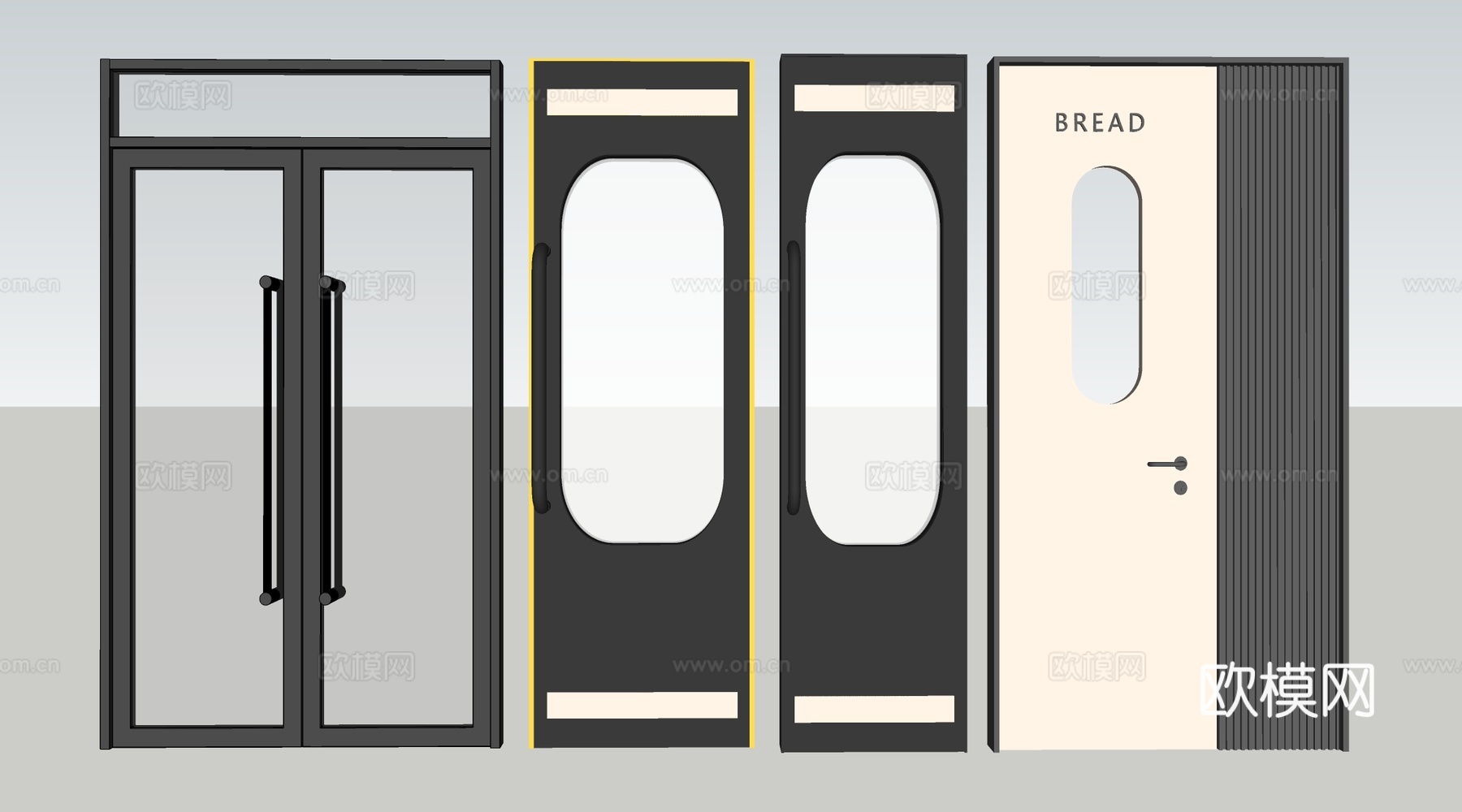 现代店铺玻璃门 咖啡厅门 奶茶店玻璃门 玻璃双开门su模型下载（渲染图2）