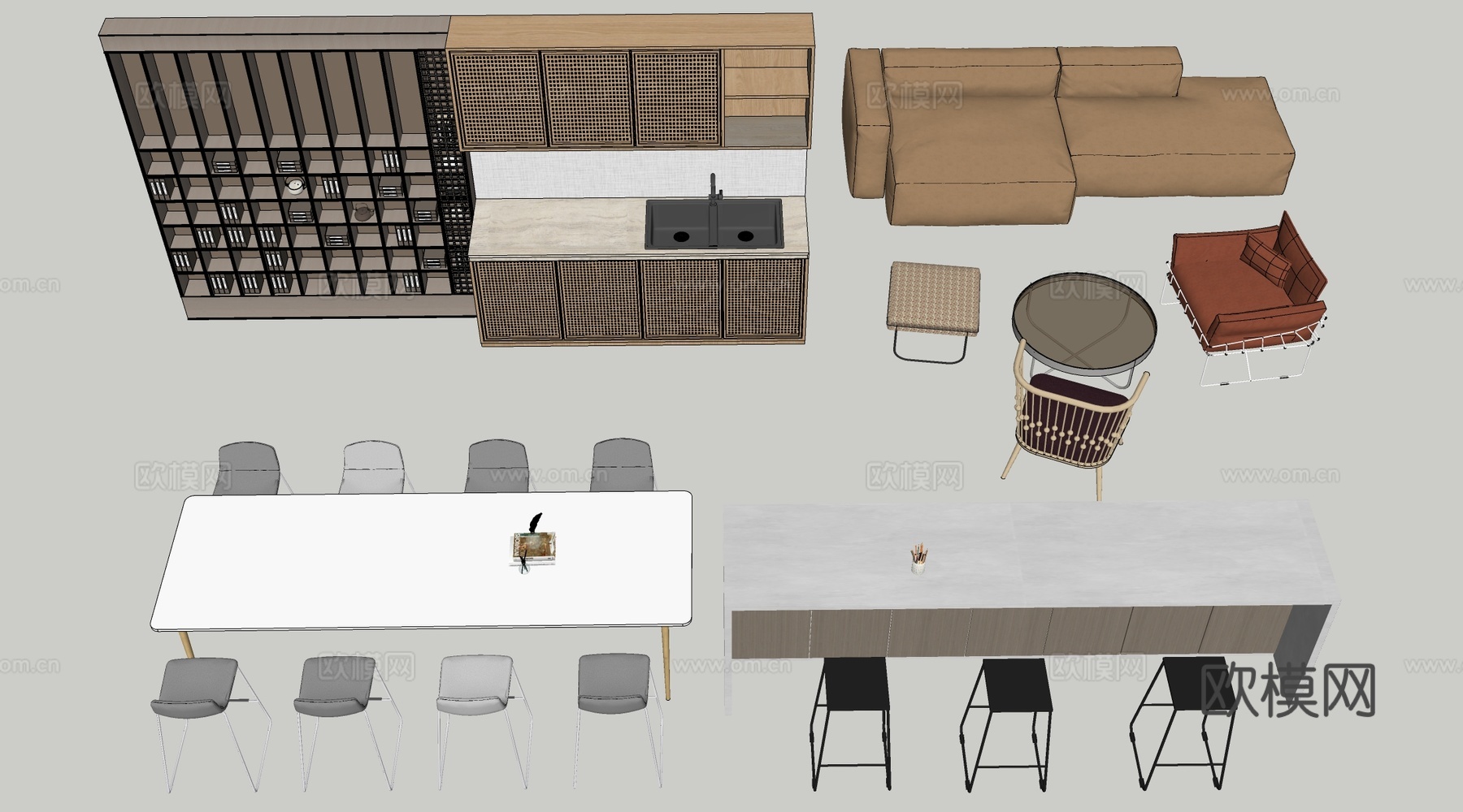 现代茶水间桌椅 公司休息区桌椅 吧台桌椅 休闲桌椅su模型下载（渲染图2）