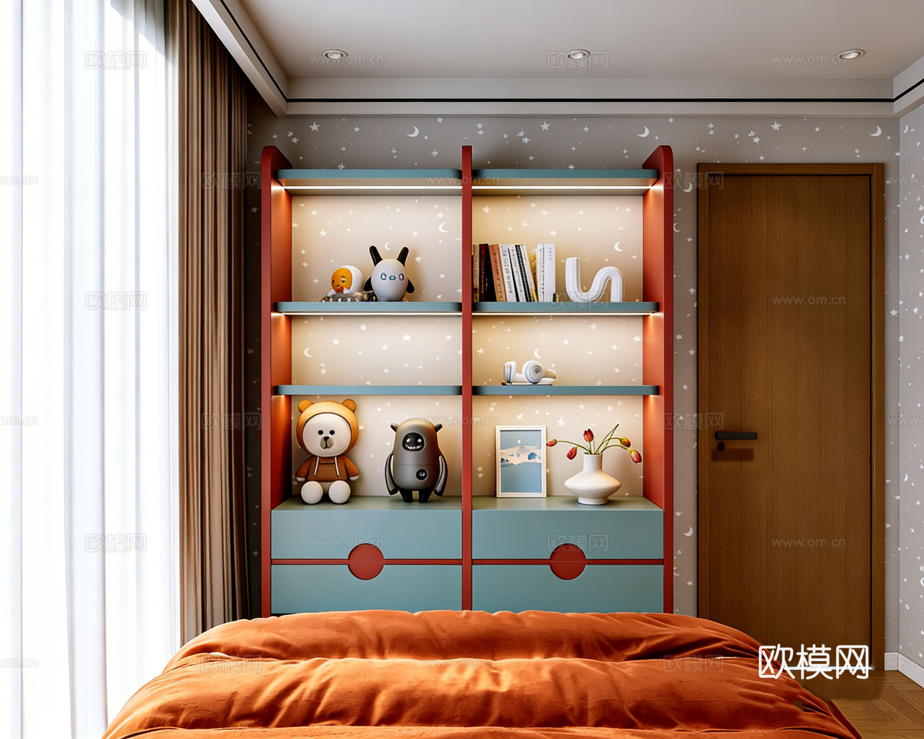 现代创意色彩儿童房 特色衣柜 置物架洞洞板 玻璃视窗儿童衣柜3d模型