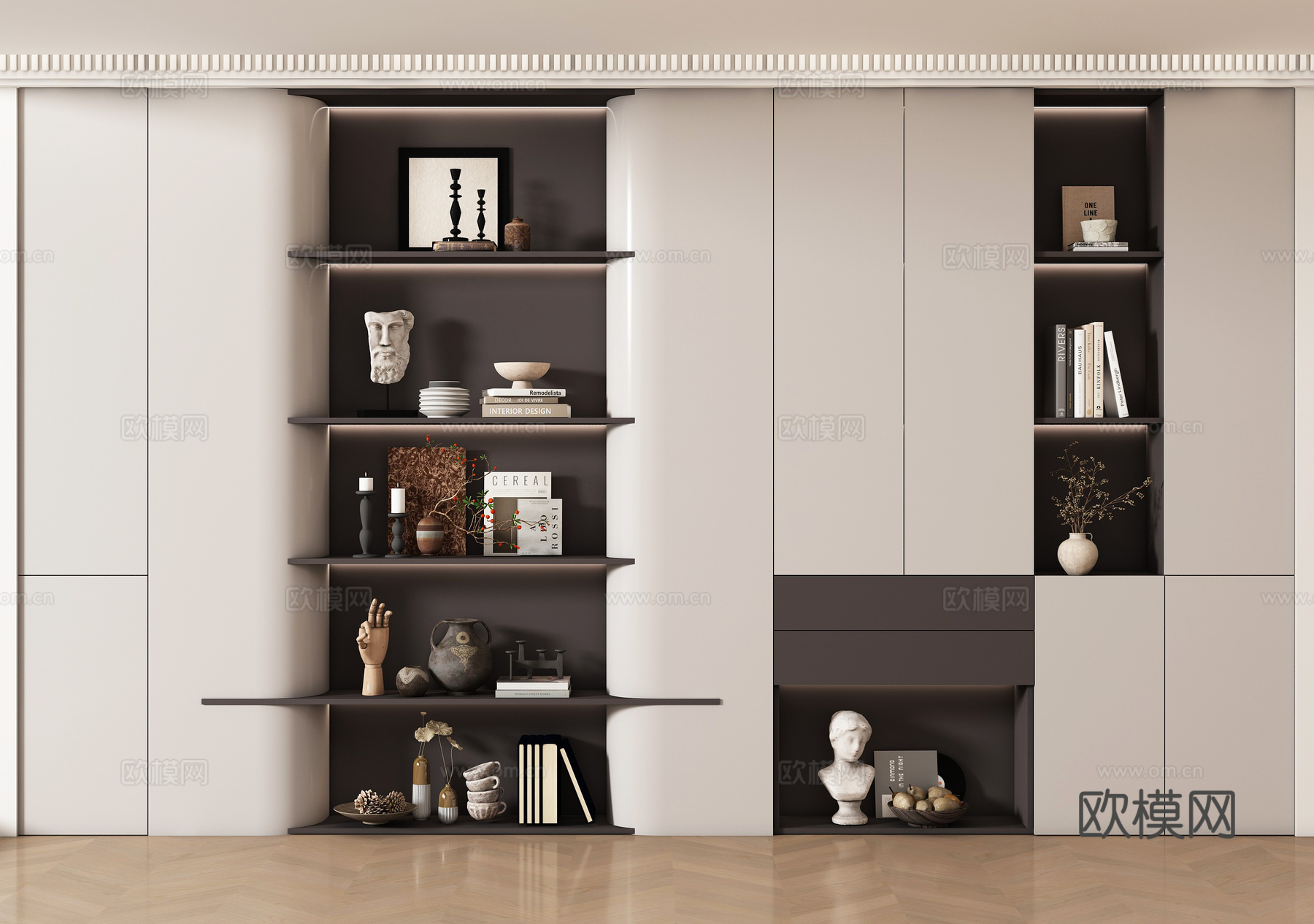 现代书柜 储物柜 背景柜 书籍摆件组合 装饰柜su模型