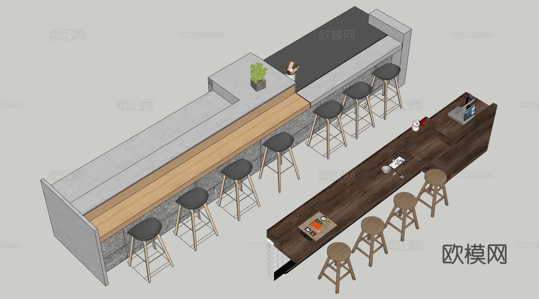 现代咖啡吧台 收银台 奶茶店收银台 奶茶店桌椅su模型