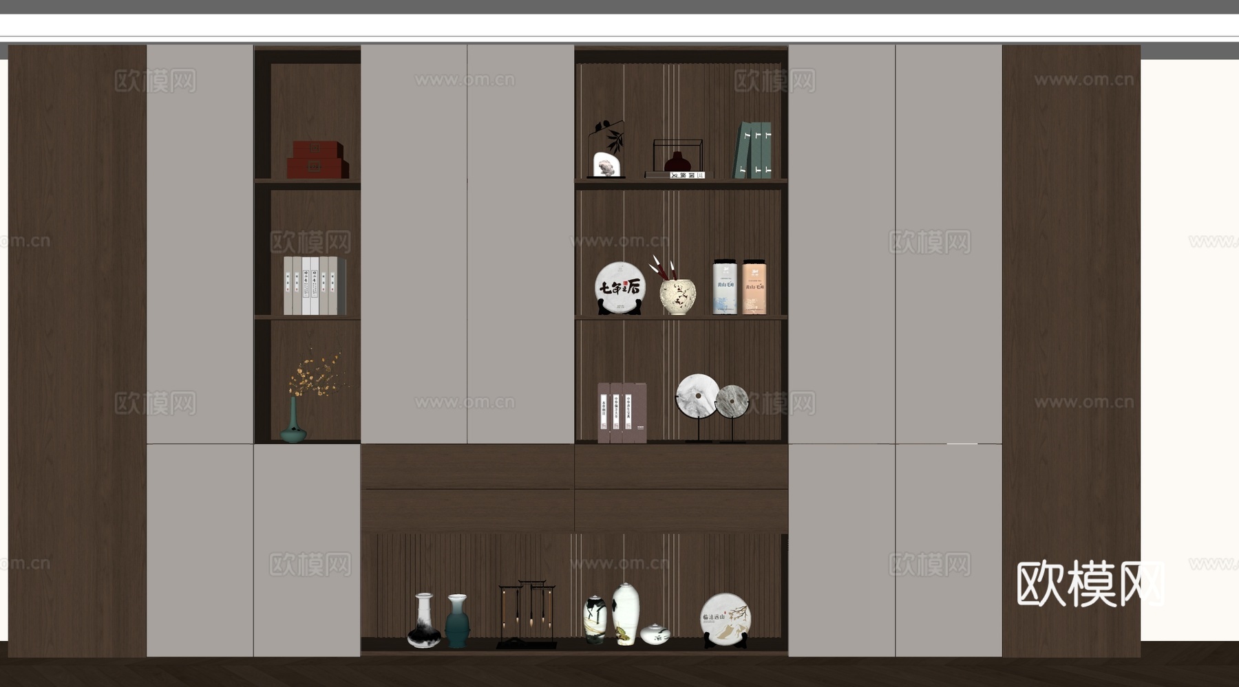现代书柜 储物柜 背景柜 书籍摆件组合 装饰柜su模型