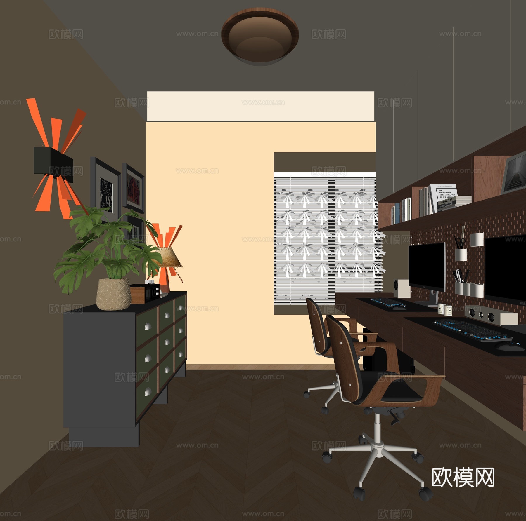 中古风书房 中古风斗柜 玄关柜  吸顶灯 电脑桌椅组合 台灯su模型下载（渲染图2）