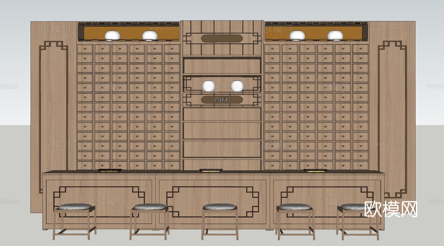 新中式中药柜 中药房储物柜su模型下载（渲染图2）