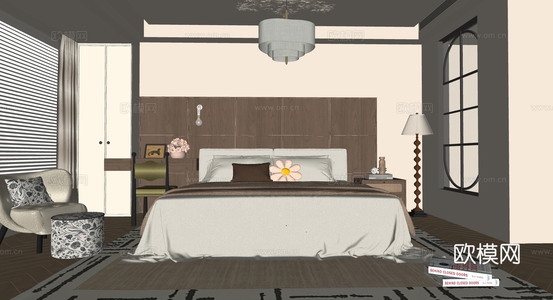 美式中古风卧室su模型下载（渲染图2）
