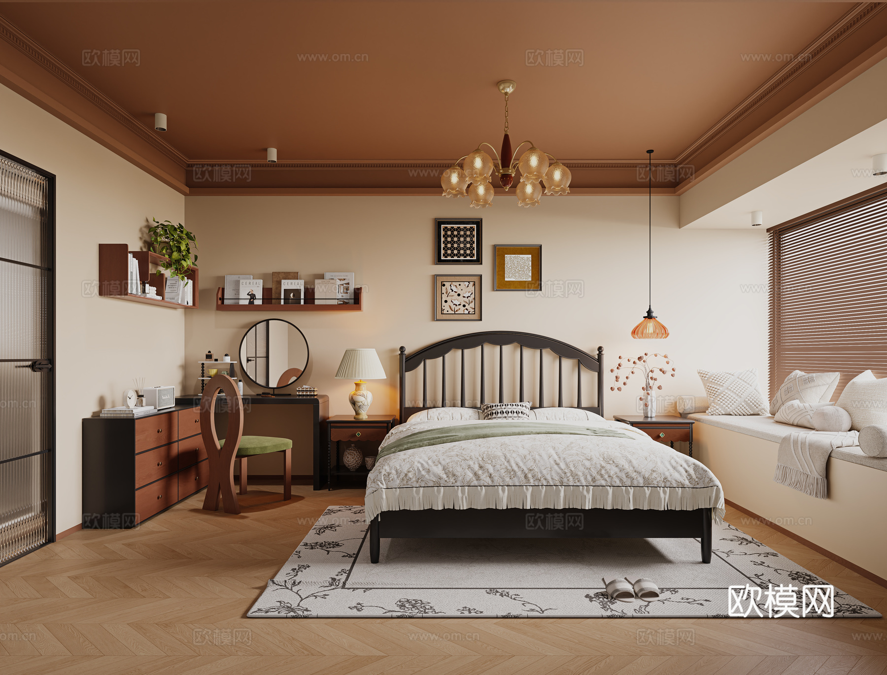 中古风卧室 主灯卧室 主卧室 实木双人床 床头柜 实木梳妆台3d模型下载