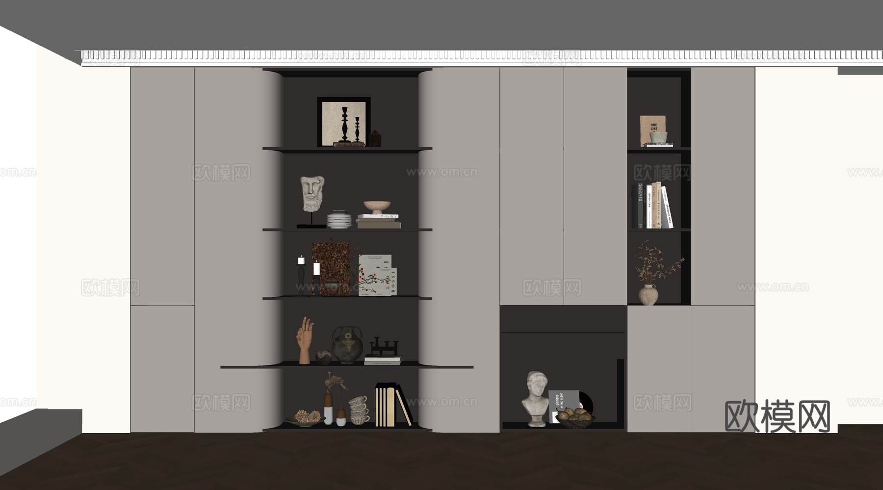 现代书柜 储物柜 背景柜 书籍摆件组合 装饰柜su模型