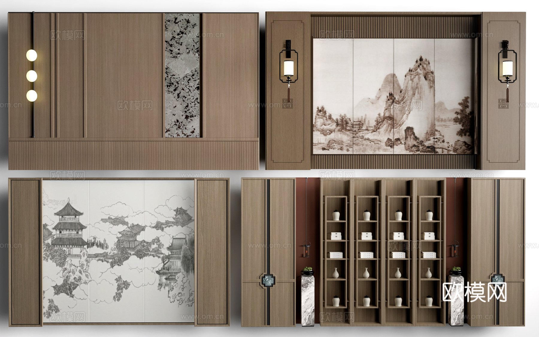 新中式餐厅背景墙 包厢背景墙 客厅背景墙su模型下载（渲染图1）