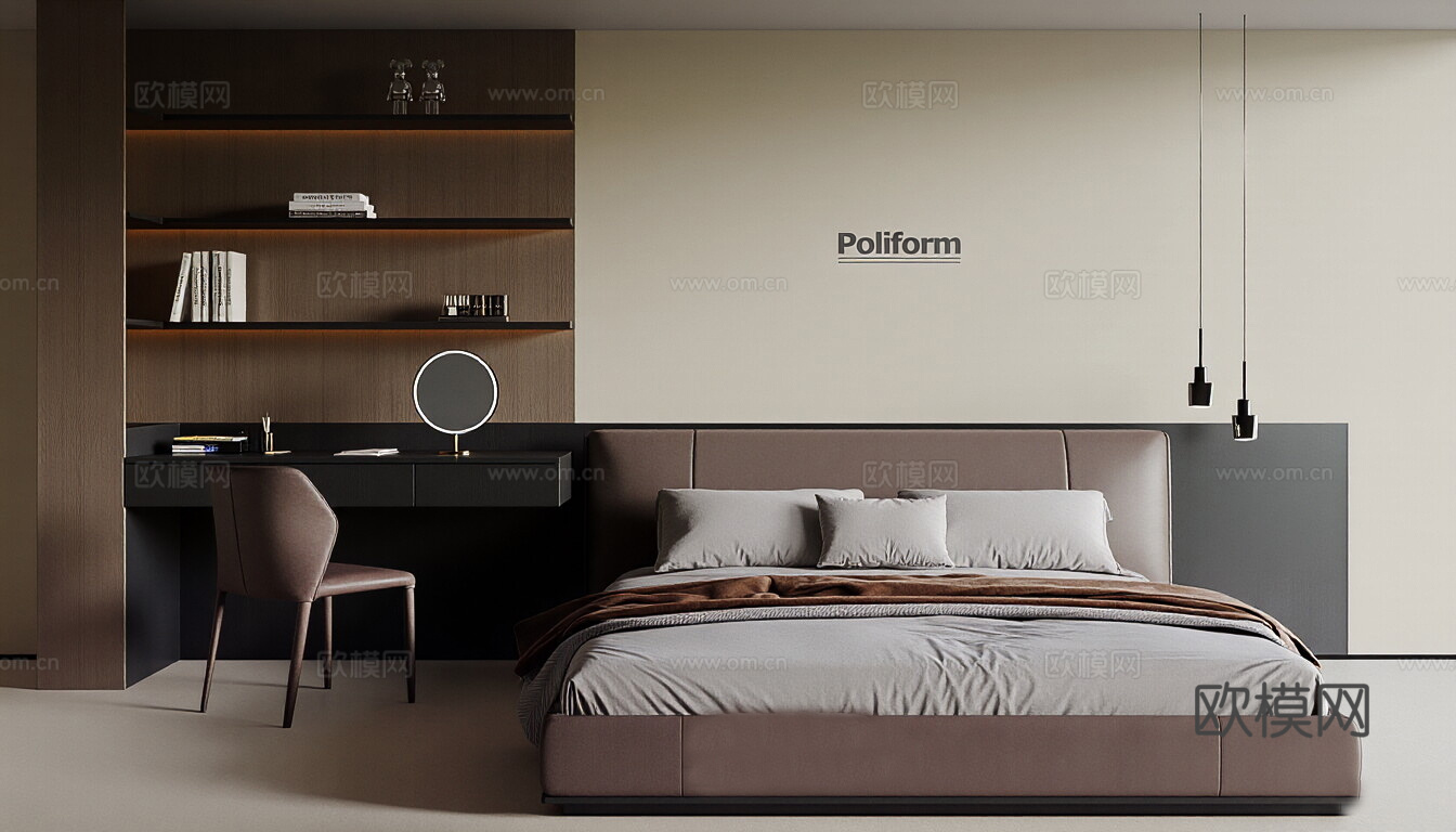 现代意式双人床 抱枕 布艺双人床 梳妆台3d模型下载