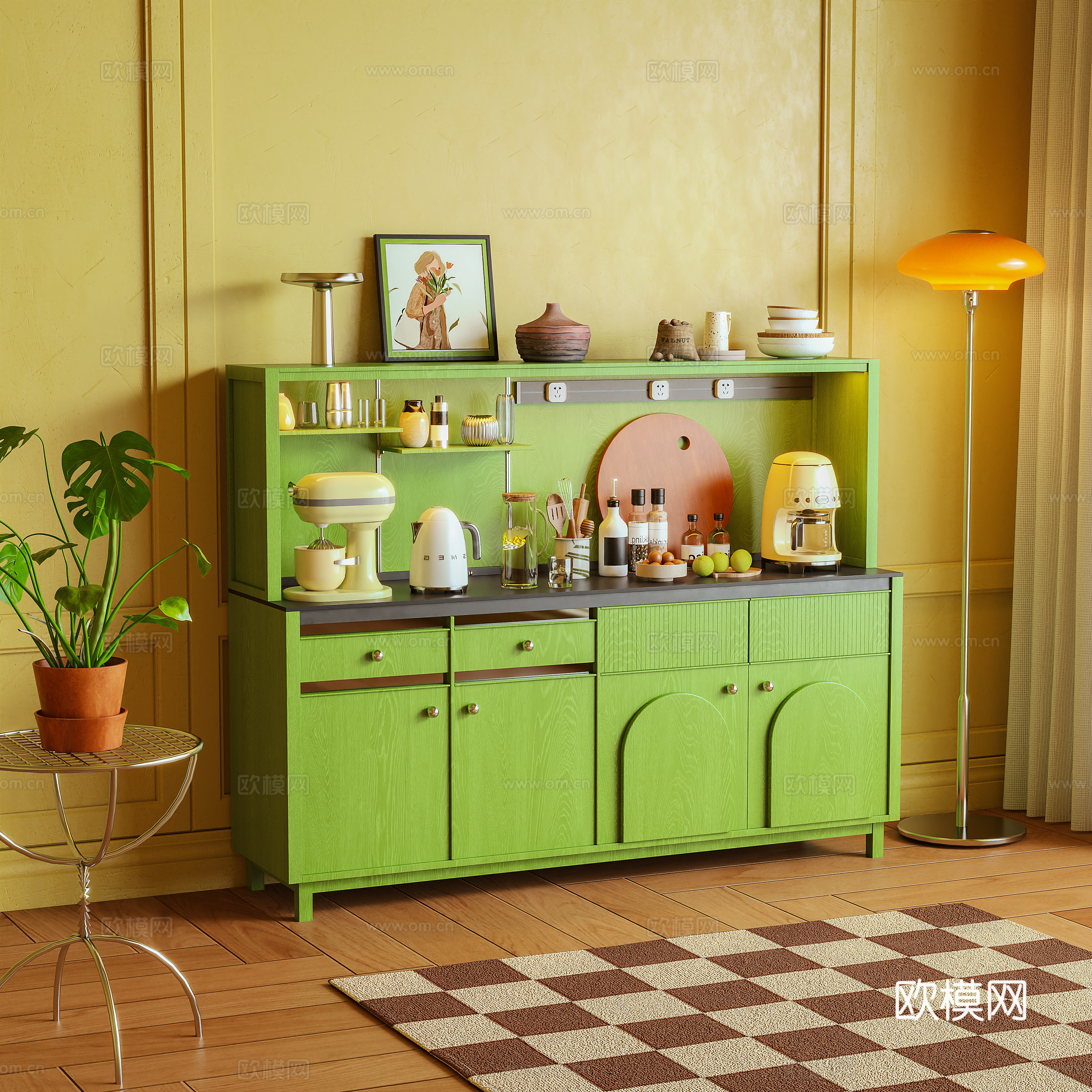 餐边柜 茶水柜 边柜 储物柜 摆件 厨具 多巴胺3d模型下载