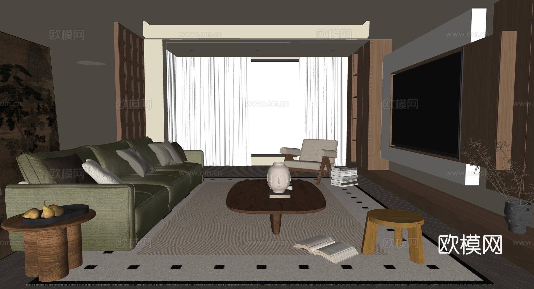 中古风客厅su模型下载（渲染图2）
