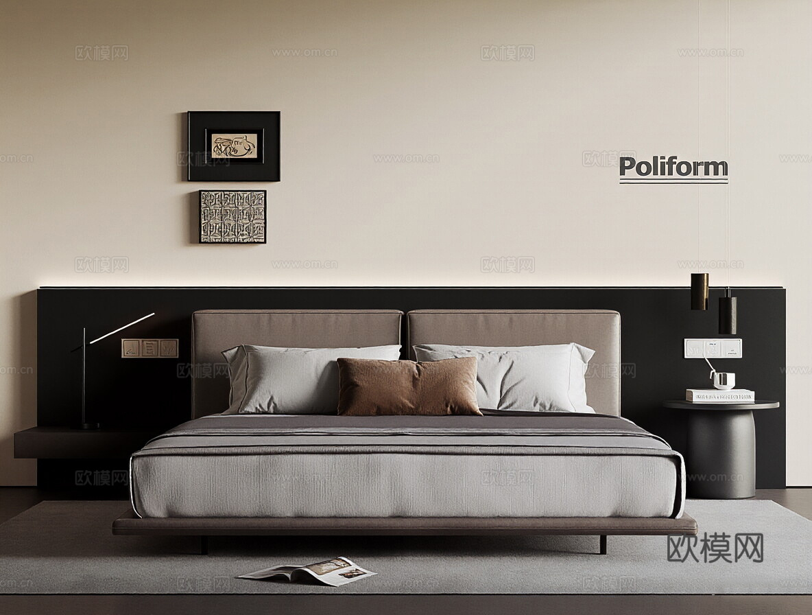 现代意式双人床 抱枕 布艺双人床 梳妆台3d模型