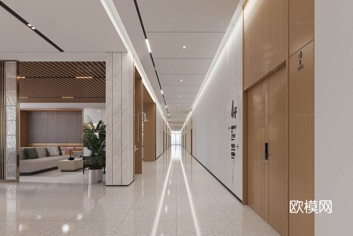 现代办公走廊 办公走道 办公公区su模型下载（渲染图1）