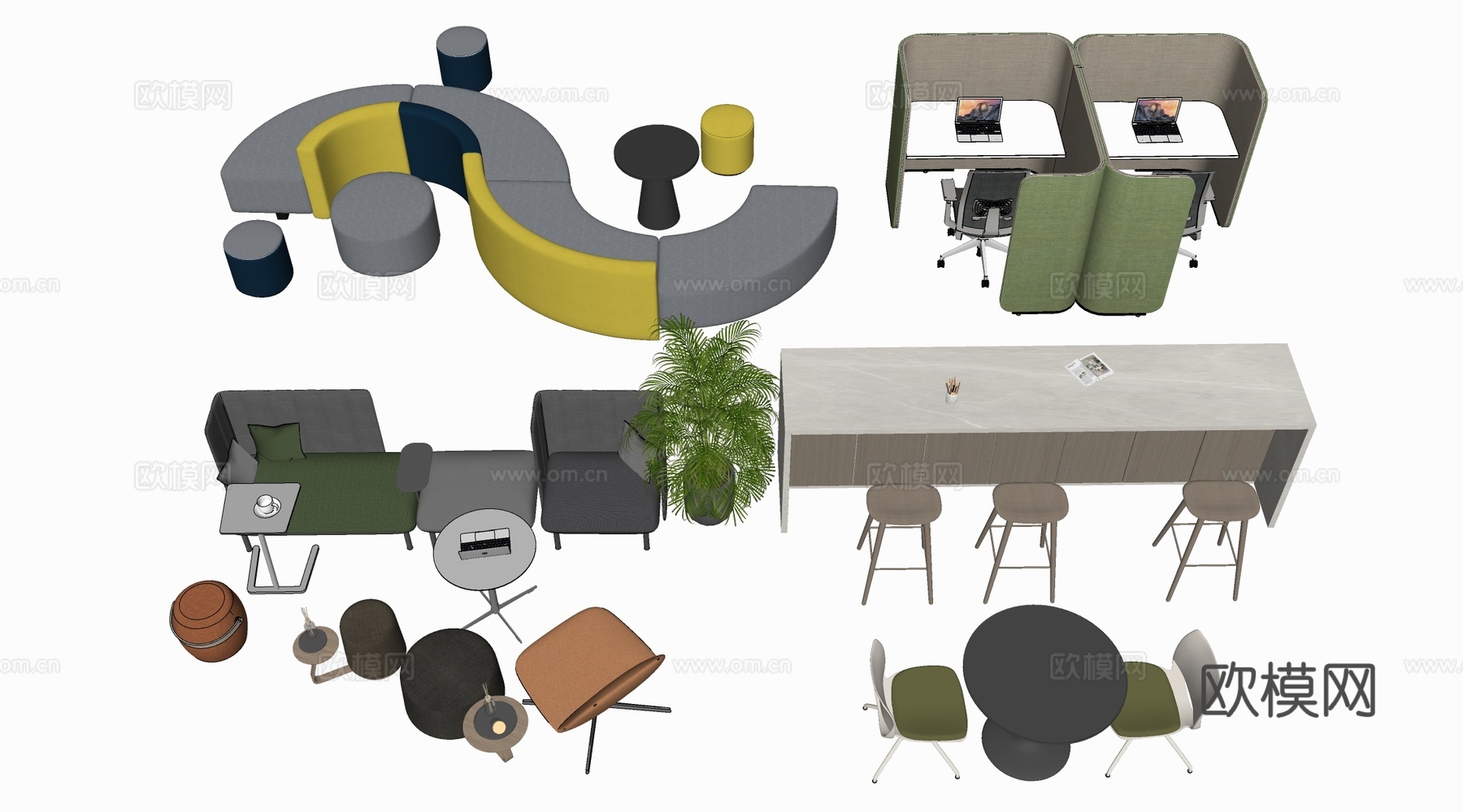 现代休闲桌椅 休闲沙发 洽谈区桌椅 阅读桌椅su模型下载（渲染图2）