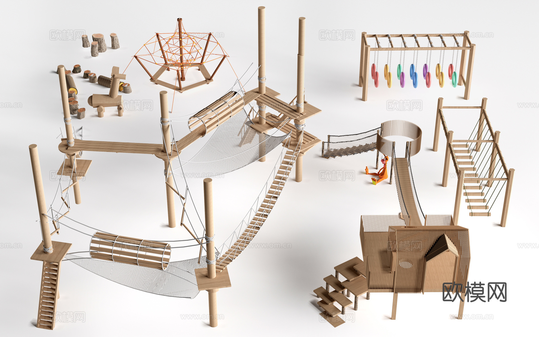 现代户外儿童游乐设施 无动力游乐设施 乡村研学游乐设施su模型