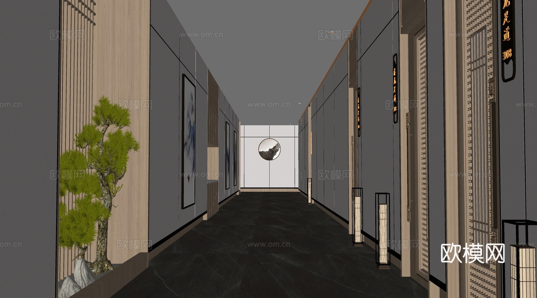 新中式酒店走廊 洗浴中心过道 洗浴中心过道su模型下载（渲染图2）