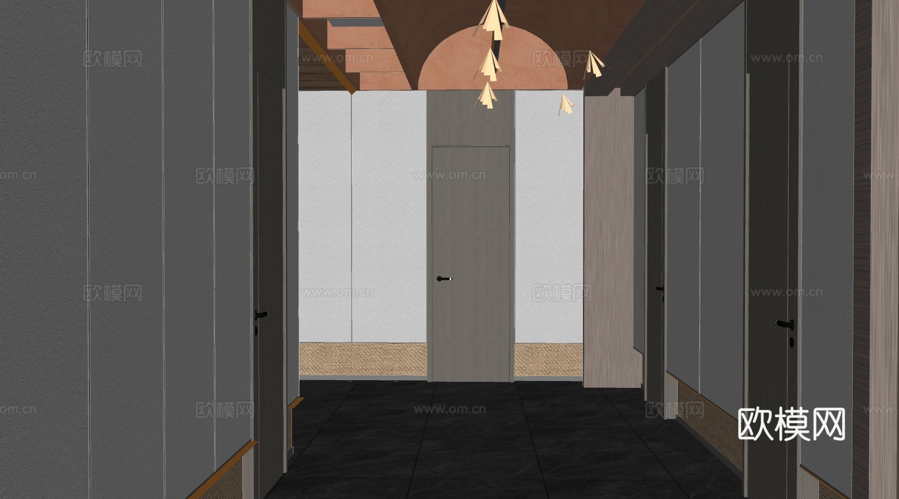 新中式酒店过道 酒店走廊 足浴店按摩店过道su模型下载（渲染图2）