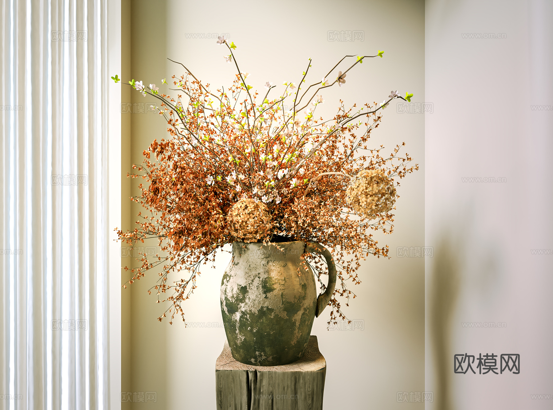 新中式花瓶 枯木花艺盆景 陶罐花瓶 干枝花艺 装饰摆件 花su模型下载（渲染图1）