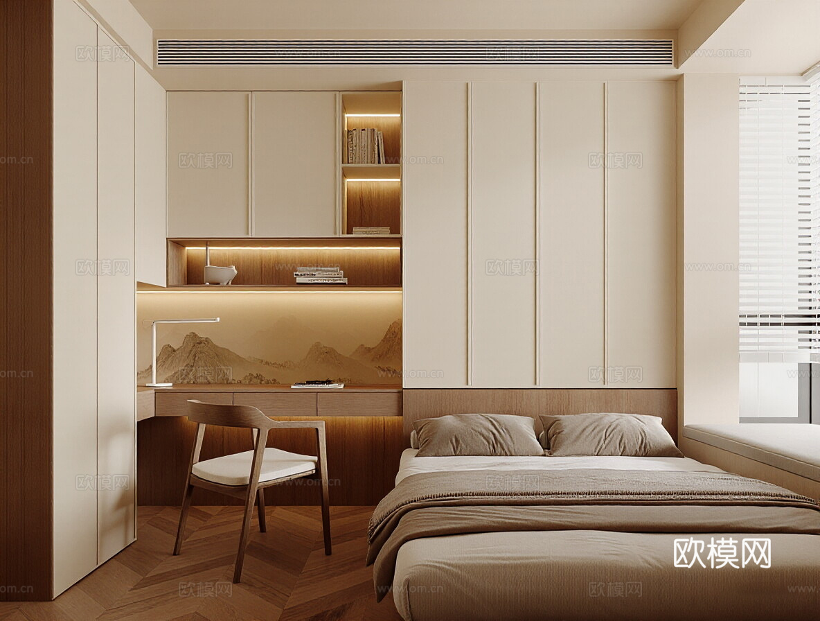 现代新中式家居卧室 双人床 花瓶 摆件 吊灯 衣柜3d模型下载