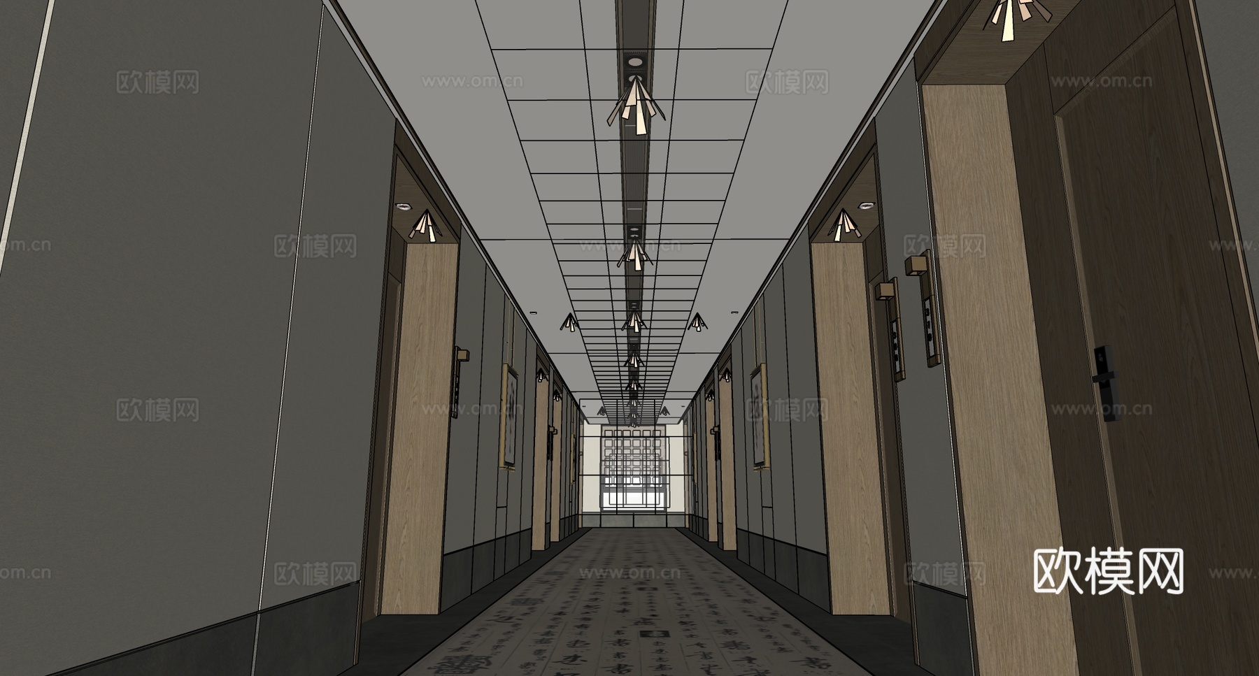 新中式现代酒店走廊  酒店过道su模型su模型下载（渲染图2）