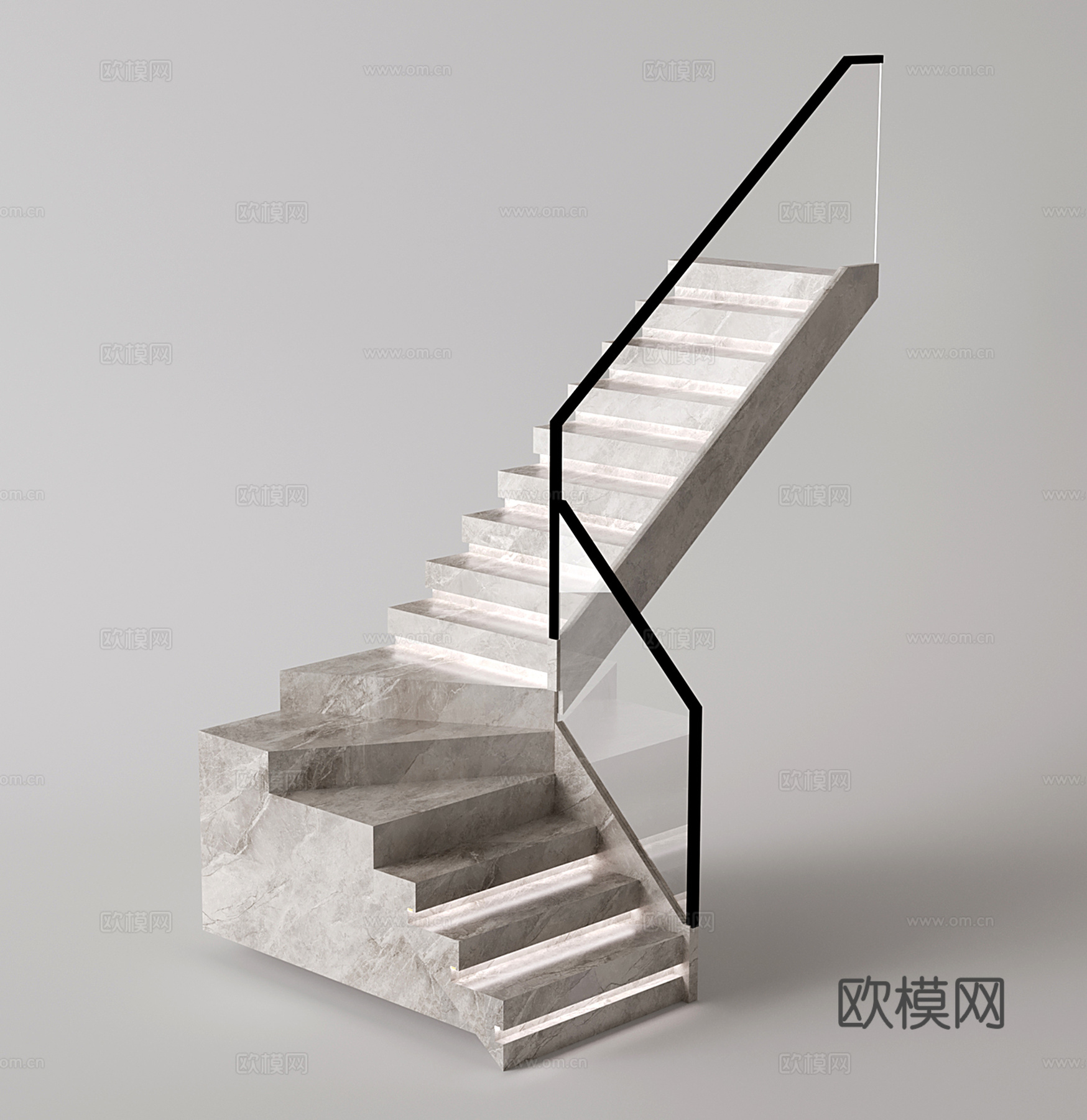 现代转折楼梯 剪刀楼梯 大理石楼梯 玻璃扶手 L形楼梯su模型