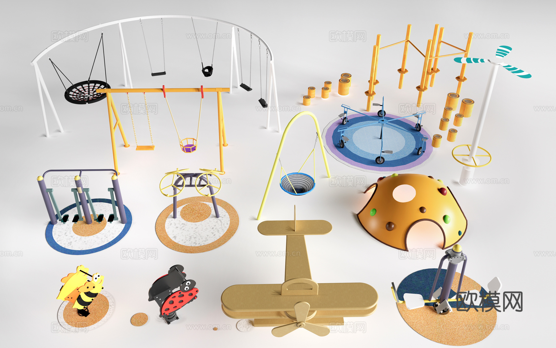 现代儿童游乐器材 户外秋千 儿童游乐设施su模型下载（渲染图1）