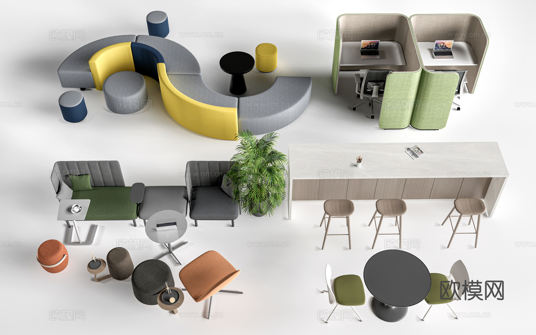 现代休闲桌椅 休闲沙发 洽谈区桌椅 阅读桌椅su模型下载（渲染图1）