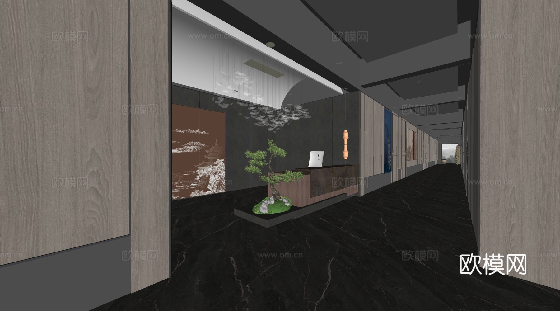 新中式酒店走廊 酒店过道 酒店前台su模型下载（渲染图2）