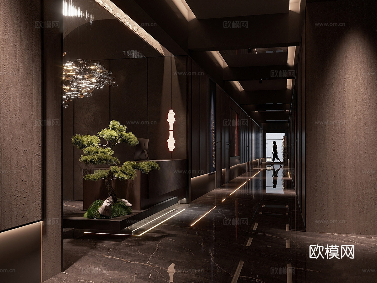 新中式酒店走廊 酒店过道 酒店前台su模型下载（渲染图1）