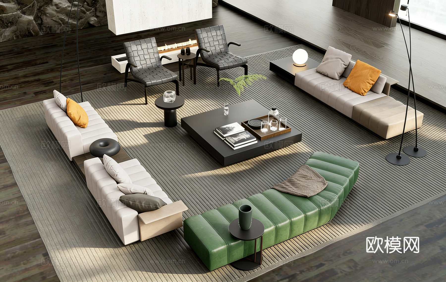 意式轻奢布艺沙发组合 亮橙色抱枕  ins风 沙发抱枕 色彩su模型下载（渲染图1）