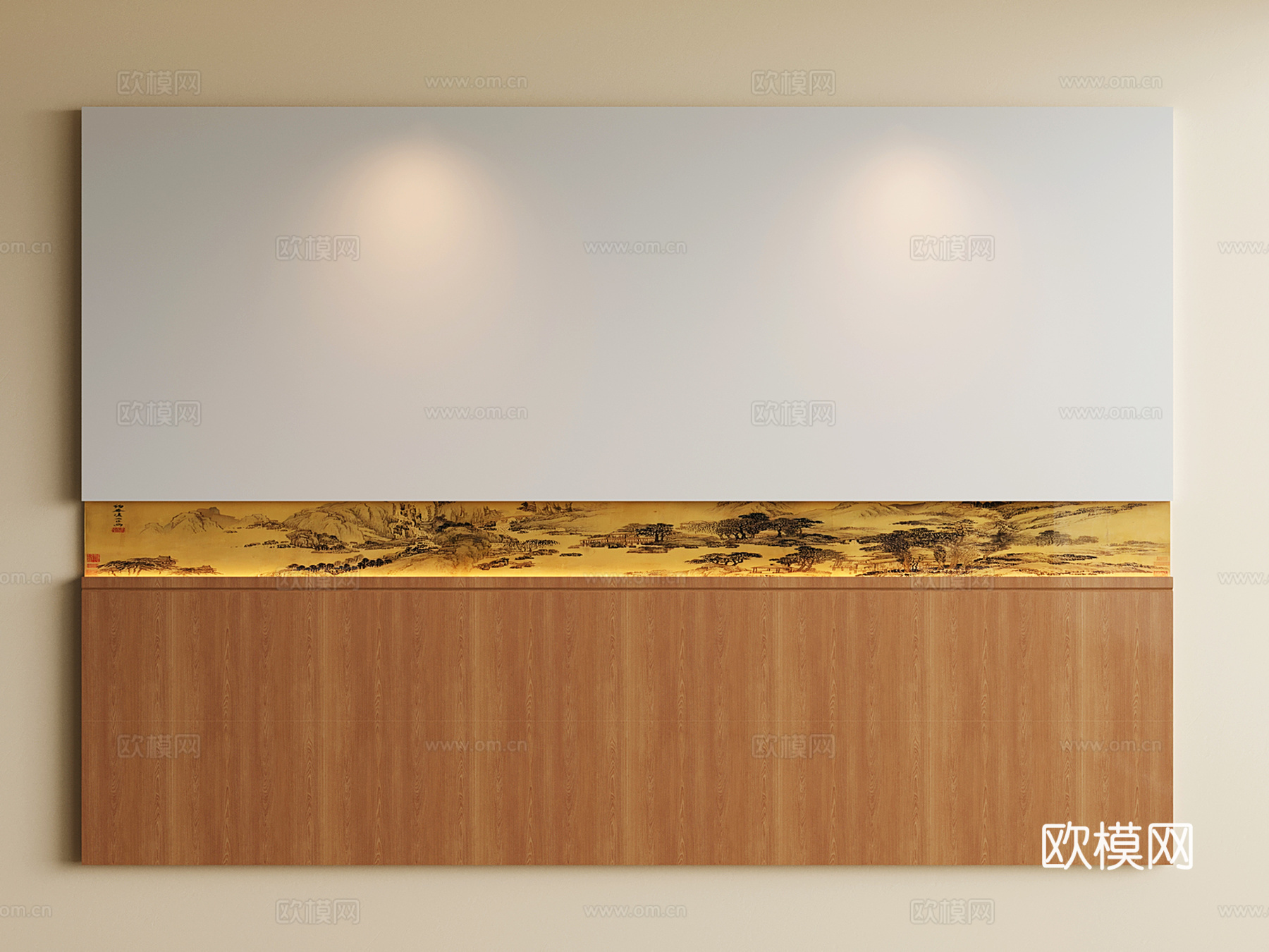 宋氏床头背景墙 新中式卧室背景墙 包间床头背景su模型下载（渲染图1）