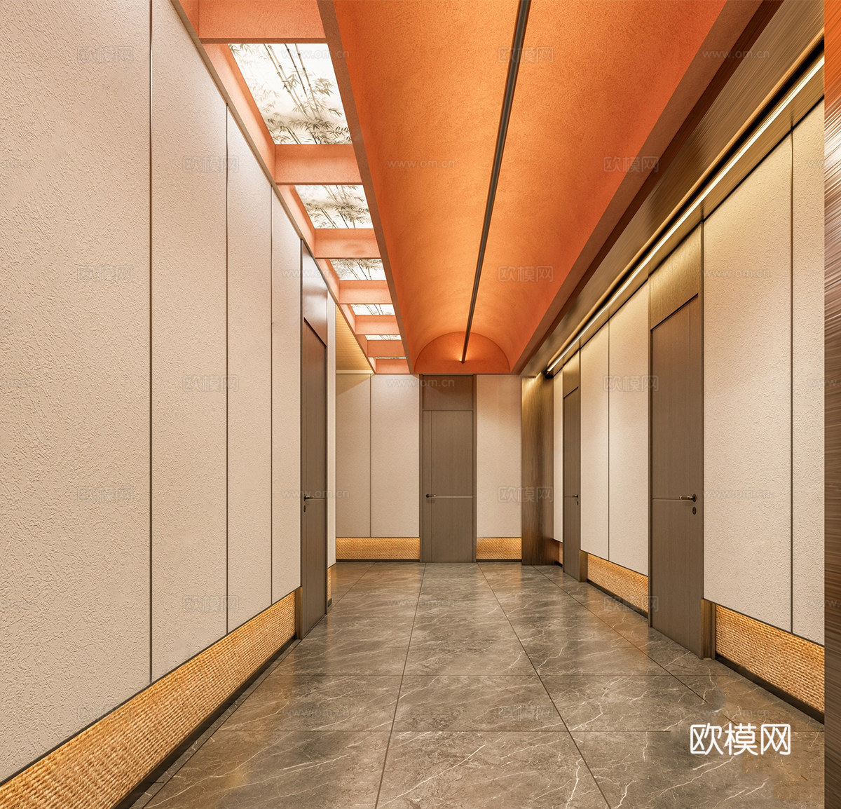 新中式酒店过道 酒店走廊 足浴店按摩店过道su模型下载（渲染图1）