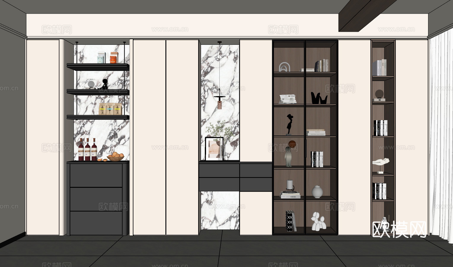 现代装饰柜 客厅装饰柜  客厅沙发背面装饰柜 书柜 玄关柜su模型下载（渲染图2）